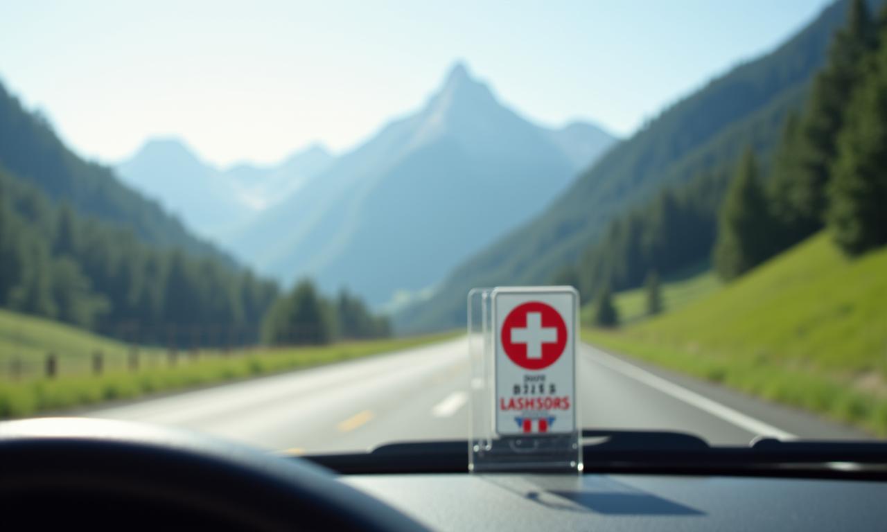 Windschutzscheibe eines Autos mit ordnungsgemäss angebrachter Schweizer Vignette vor einer Schweizer Alpenlandschaft.